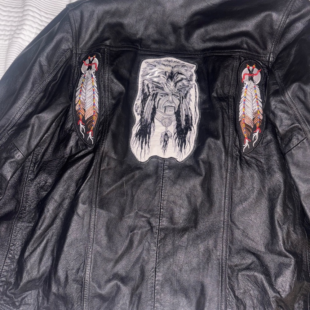 Black Leather Bomber Jacket with Native American Design (first classics)